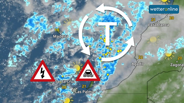 WetterRadar zeigt Regen- und Gewittergüsse von den Kanaren bis Marokko.