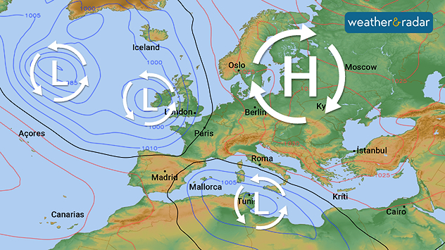 Weather situation with a blocking high and several lows that cannot compete with it