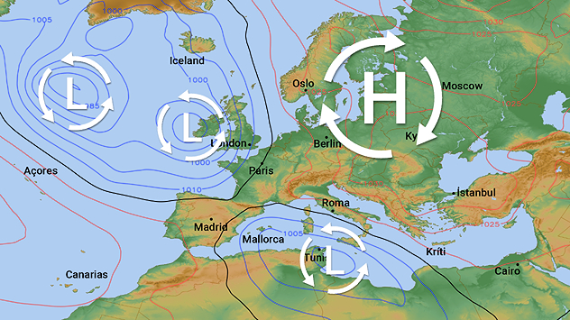 Weather situation with a blocking high and several lows that cannot compete with it