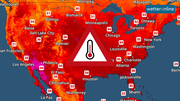 Temperaturkarte der USA mit flächendeckend roten Farben, Temperaturen meist über 34  Grad, Hitzewarnung deutlich markiert.