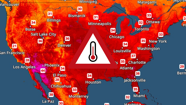 Temperaturkarte der USA mit flächendeckend roten Farben, Temperaturen meist über 34 °C, Hitzewarnung deutlich markiert.