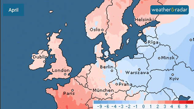 April temperature anomaly map of Europe showing warmer-than-average conditions in western Europe and Scandinavia in light red shades, while eastern Europe displays cooler-than-average anomalies in blue tones.