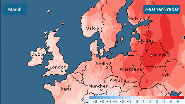 March temperature anomaly map of Europe showing widespread above-average temperatures in shades of red, strongest across eastern Europe and the Baltic region, with smaller anomalies over western Europe and the UK and Ireland.