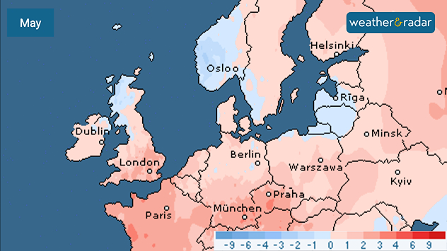May temperature anomaly map of Europe showing mostly warmer-than-average conditions in light red shades across western and central Europe, with cooler blue anomalies over parts of the UK, Ireland, Scandinavia, and eastern Europe.