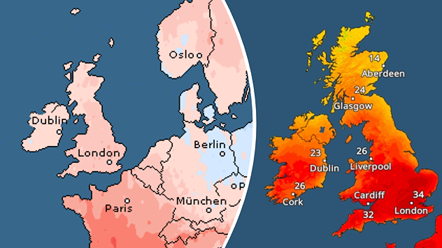 Split graphic showing a European temperatures anomaly map on the left with widespread warmer-than-average conditions, and a UK and Ireland heat map on the right displaying intense heat with temperatures exceeding 30 °C.