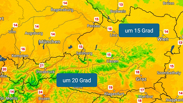 TemperaturRadar für Österreich zeigt Werte zwischen 15 und 20 Grad.