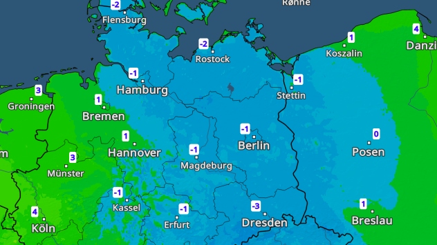 TemperaturRadar mit minus 3 Grad in Dresden und minus 2 Grad in Flensburg und Rostock