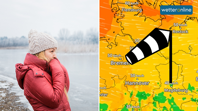 Geteilte Grafik zum Windchilleffekt: links eine frierende Frau in Winterkleidung am Wasser, rechts eine Windkarte mit Windstärken und Windsack.