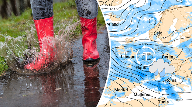 Person mit roten Gummistiefeln springt in eine Pfütze. Rechts eine synoptische Wetterkarte mit Tiefdruck über Europa. Symbol für nasses und unbeständiges Wetter.