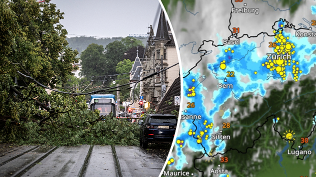 Umgestürzter Baum auf einer Straße in Zürich nach einem Gewitter. Daneben WetterRadar mit Gewittern und zahlreichen Blitzsymbolen über der Schweiz.
