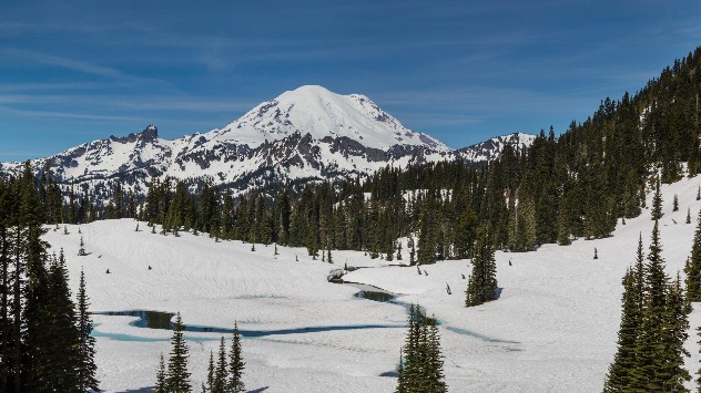 Mount Rainier national park, Washington, still snow-covered in the early summer.