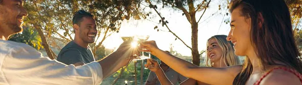 Junge Menschen stoßen bei Sonnenuntergang mit Wein an.