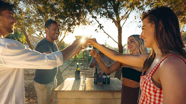 Junge Menschen stoßen bei Sonnenuntergang mit Wein an.