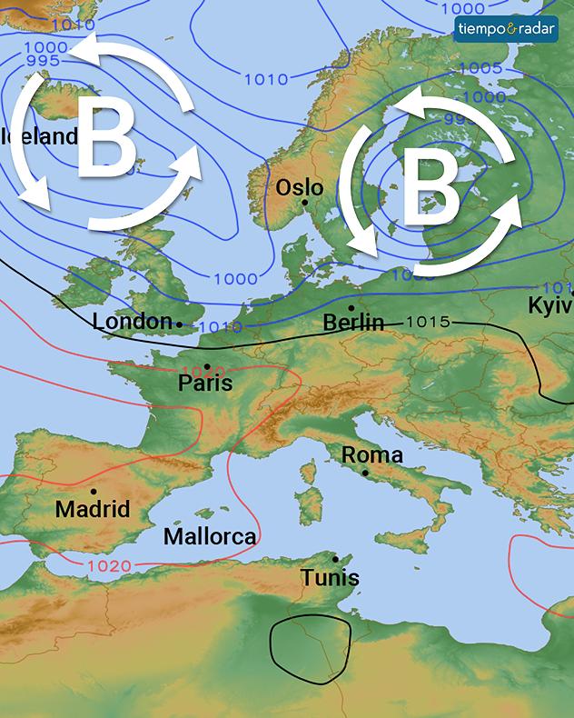 Mapa meteorológico de Europa con dos sistemas de bajas presiones sobre Islandia y Finlandia, así como isóbaras trazadas. En el norte de Europa, dos tormentas determinan el tiempo.