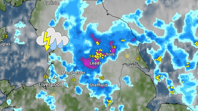 Weather radar map of northern England showing heavy rain and thunderstorms. Dark blue and purple areas around Leeds and York indicate intense rainfall, with numerous yellow lightning strike markers across the region. A thunderstorm icon is shown near Liverpool, and city temperatures range between 14°C and 16°C.
