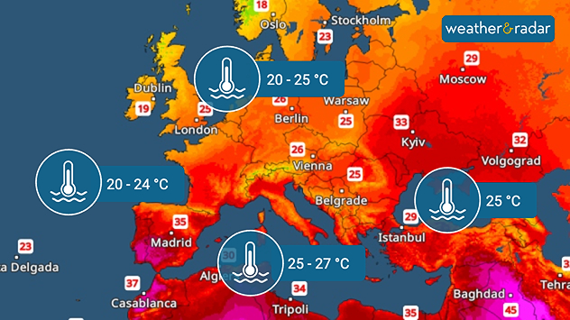 Europe temperature map with sea temperature icons showing coastal water temperatures of 20–24°C around the UK &amp; Ireland, 20–25°C in the Baltic Sea, 25°C in the Black Sea, and 25–27°C across parts of the Mediterranean.