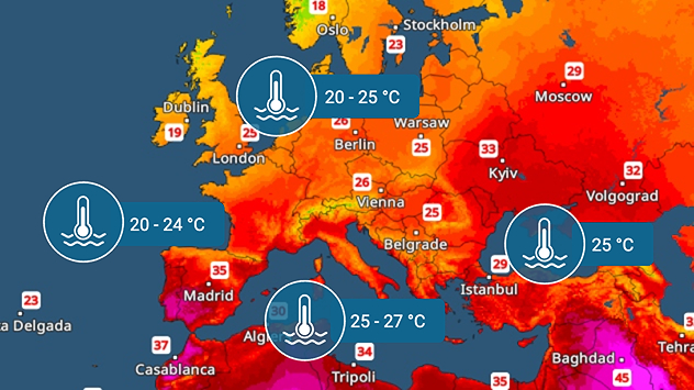 Europe temperature map with sea temperature icons showing coastal water temperatures of 20–24°C around the British Isles, 20–25°C in the Baltic Sea, 25°C in the Black Sea, and 25–27°C across parts of the Mediterranean.