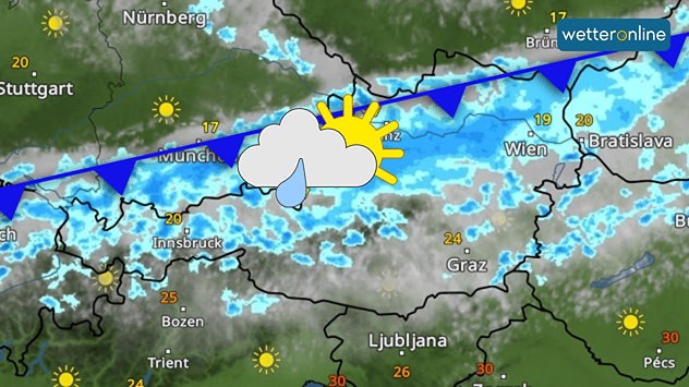 WetterRadar zeigt eine Kaltfront mit Wolken und Regengüsse über der Schweiz