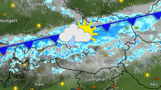 WetterRadar zeigt eine Kaltfront mit Wolken und Regengüsse über Österreich