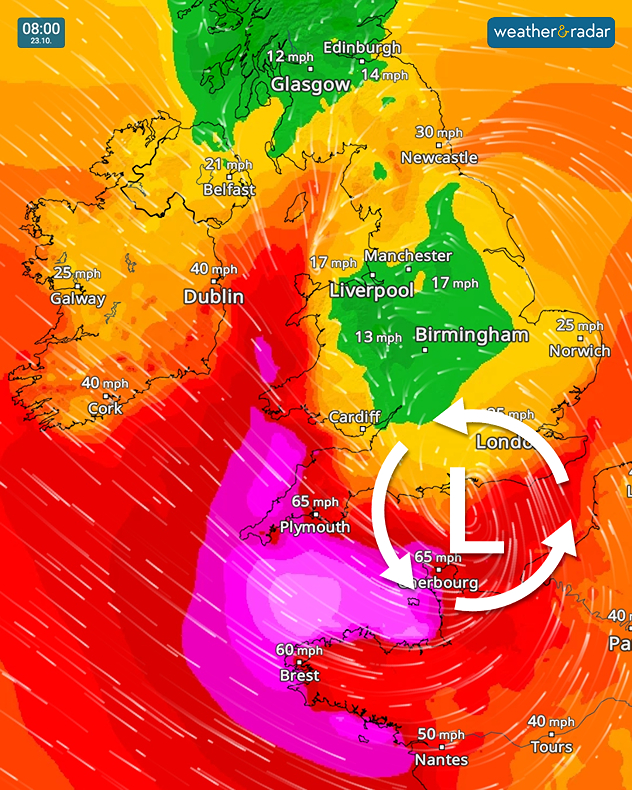 Wind map at 08:00 on 23.10 showing deep low pressure over the English Channel, with 65 mph winds near Plymouth and Cherbourg and 60 mph near Brest.