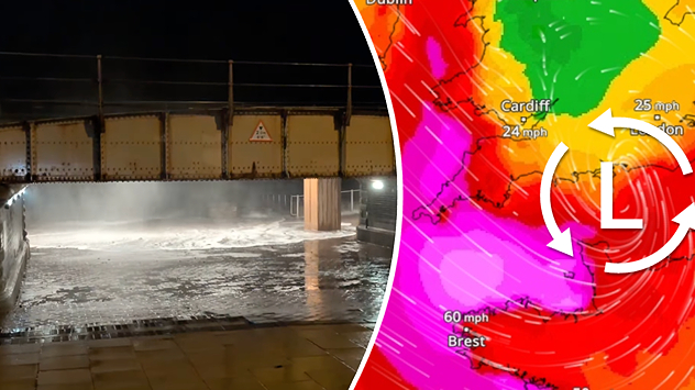 Split image showing floodwater surging beneath a railway bridge at night and a wind map with low pressure over the English Channel and 60 mph near Brest.