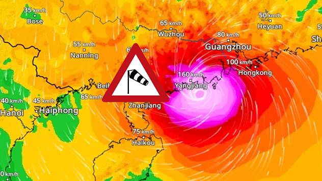WindRadar zeigt Windgeschwindigkeiten über 150 Kilometer pro Stunde an der Küste Chinas