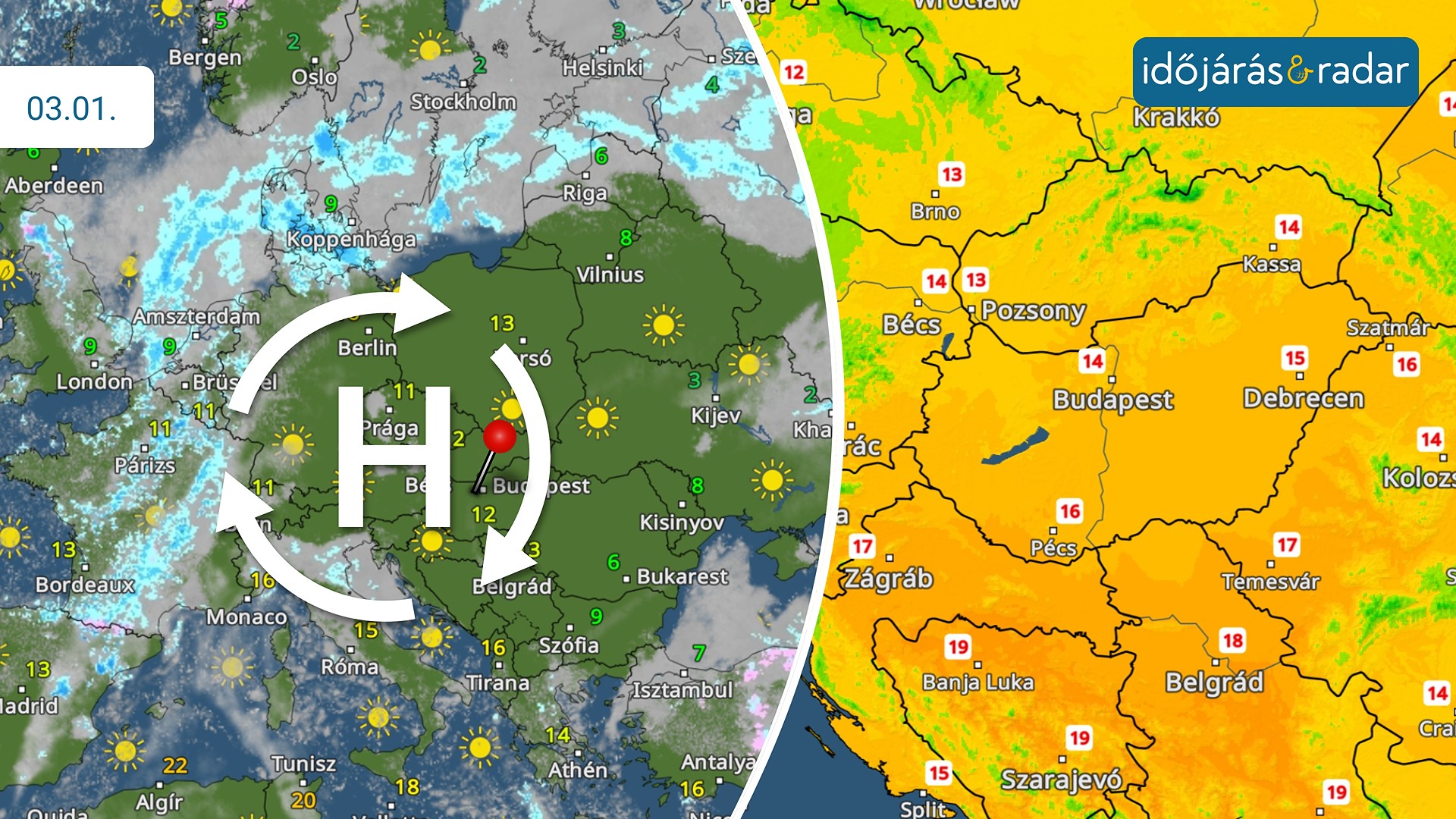 Hőmérsékleti és nyomási térkép március elsején