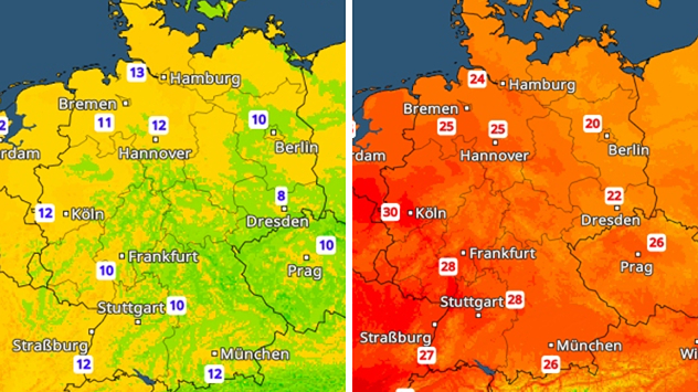 Das Bild zeigt zwei nebeneinanderstehende Temperaturkarten für Deutschland – links die Tiefstwerte (Nacht-/Morgenwerte), rechts die Höchstwerte am Tag.