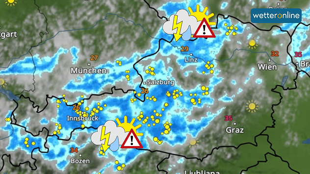 Eine Wetterkarte von Österreich zeigt abgesehen vom Osten und dem äußersten Westen des Landes viele Gewitter.
