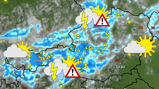 Eine Wetterkarte von Österreich zeigt abgesehen vom Osten und dem äußersten Westen des Landes viele Gewitter.
