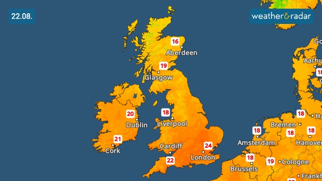 Temperature map showing the daily highs for the UK and Ireland. 24 °C as the daily high in London for the UK, 21 °C in Cork for Ireland.