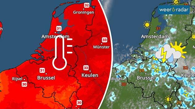 Links een donkerrode kaart met ruim 30 graden in de Benelux en een rode thermometer ingetekend. Rechts de WeerRadar met enkele (onweers)buien. Dat symbool staat ingetekend.