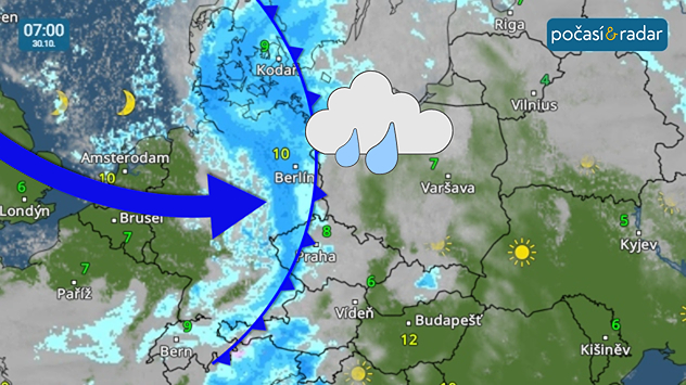 Meteoradar, screenshot, 30. 10. 7:00: Ve čtvrtek přes Česko od západu přejde nevýrazná studená fronta. Po jejím přechodu se bude od západu rychle projasňovat.