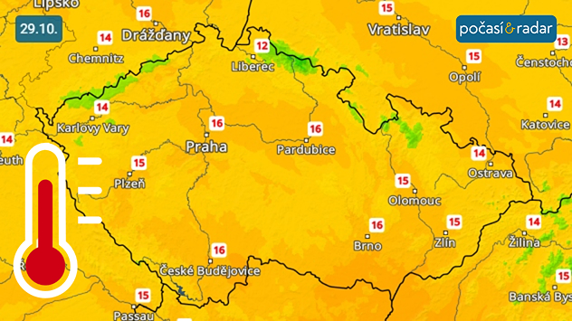 Předpověď maximálních teplot v Česku na středu 29. 10. Teplejší jihozápadní proudění se v Česku začíná prosazovat již ve středu, kdy odpolední teploty místy rostou nad 15 °C.
