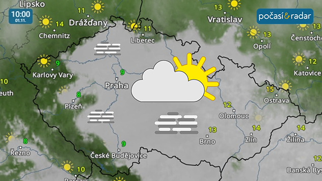 Meteoradar, screenshot, 1. 11. 10:00: První listopadová sobota přinese na většinu území počasí pod vlivem inverzních mlh nebo nízké oblačnosti. Tam, kde se prosadí sluneční paprsky, mohou denní teploty vystoupit až na 15 °C.