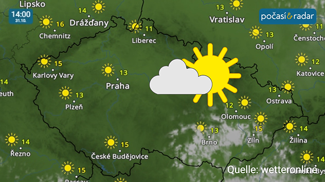 Meteoradar, screenshot, 31. 10. 14:00: Poslední říjnový den přinese do Česka převážně jasnou až skoro jasnou oblohu. V ranních a večerních hodinách se místy objeví mlhy nebo nízká oblačnost.