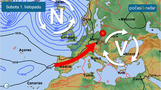 Předpověď synoptické situace nad Evropou, sobota 1. 11. Česko se bude v nejbližších dnech nacházet v teplém jihozápadním proudění mezi tlakovou níží nad severozápadem a severem Evropy a tlakovou výší nad jihovýchodem Evropy.