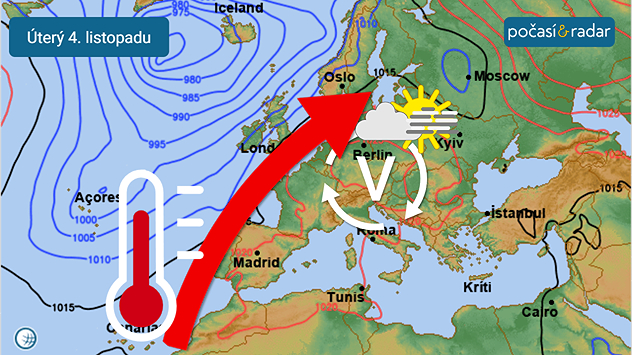 Předpověď synoptické situace nad Evropou na úterý 4. listopadu: V příštím týdnu se pravděpodobně nad střední Evropou prosadí tlaková výše, po jejímž předním okraji bude do Česka pokračovat příliv teplého vzduchu od jihozápadu. Taková situace bude přát četné tvorbě inverzních mlh a nízké oblačnosti.