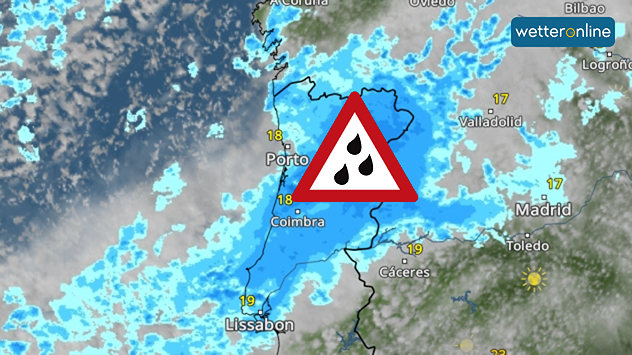 Wetterkarte mit Starkregenwarnung über Portugal, Regengebiete zwischen Lissabon und Porto.