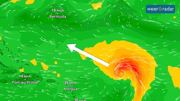 De WindRadar toont het pad van de tropische storm Gabrielle richting het westen.