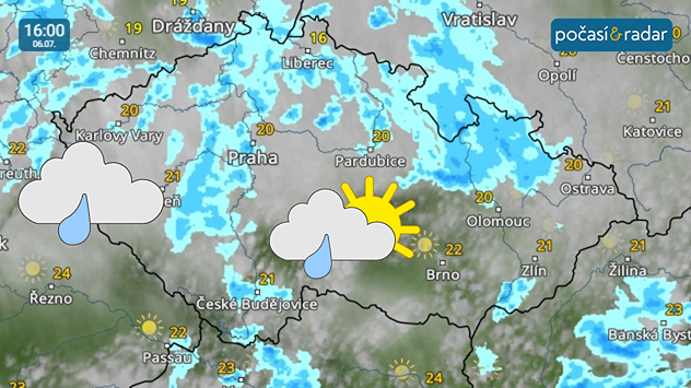 Meteoradar, screenshot, 6. 7. 16:00: V pondělí u nás bude ještě převládat velká oblačnost s občasnými srážkami. Odpolední teploty se budou pohybovat většinou jen mírně nad 20 °C.
