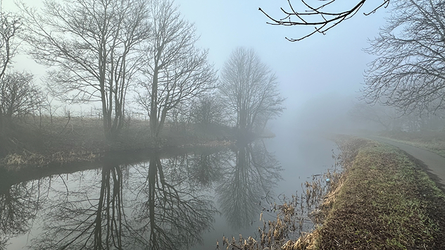Foggy morning at canal running alongside path.