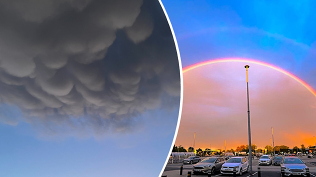 Split image showing dark, textured storm clouds hanging low in the sky on the left, and a bright rainbow arching over a parking lot with cars under a colourful sunset sky on the right, divided by a curved white line.