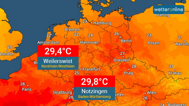 Am Montag wurde die 30-Grad-Marke oft nur knapp verfehlt. Das TemperaturRadar zeigt die Höchstwerte des Tages.