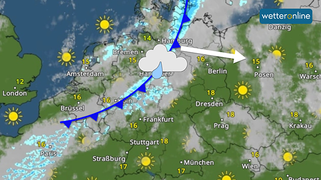 Ein Regenband, das zu einer Kaltfront gehört, zieht morgen über den Norden hinweg.