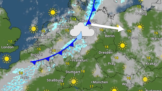 WetterRadar zeigt Kaltfront mit Regenband