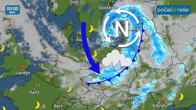 Meteoradar, screenshot, 8. 7. 0:00: V noci na středu bude přes Česko od severu přecházet slabá studená fronta. Ta přinese srážky jen místy na sever a severovýchod našeho území. Po jejím přechodu se mírně ochladí a středa i čtvrtek přinesou maximální teploty většinou do 25 °C.