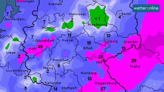 Karte von Deutschland mit den Regensummen der vergangenen 3 Tage. Am meisten hat es im südlichen NRW, in Thüringen und Sachsen sowie in Südbayern geregnet.