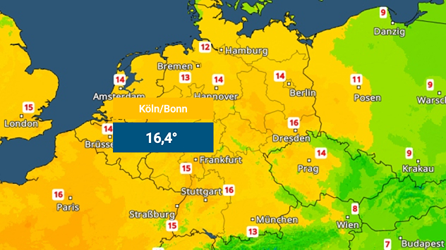 Deutschlandkarte mit farblich dargestellten Temperaturen, im Westen bis 16 Grad. Östliche Regionen wirken kühler in Grün- und Gelbtönen.