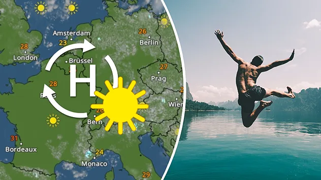 Links das WetterRadar für Europa, rechts ein Mann, der in einen See springt.